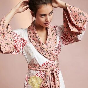 Anthropologie~Floreat Effie Robe~Peach Patchwork XS/S Floral Boho Wrap